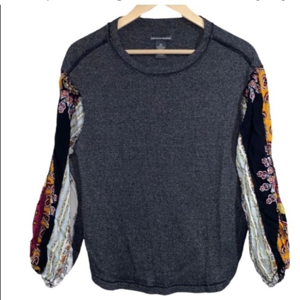 Chelsea & Theodore blouse waffle knit pattern patchwork sleeves‎ xs soft Cozy